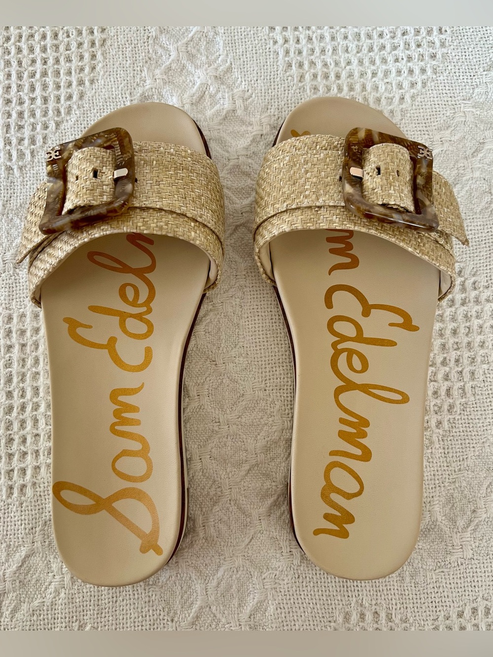 Sam Edelman Ariane Wedge Sandals Raffia Oversized Tortoise Shell Buckle Size 8 - Picture 3 of 15